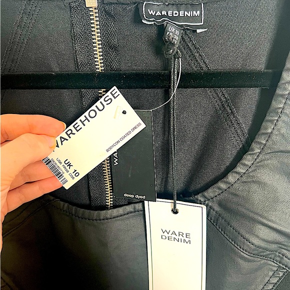 NWT Warehouse Denim Black Bodycon Coated Denim Dress - Picture 3 of 3